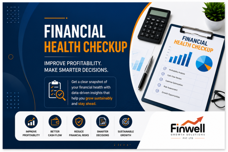 Financial health checkup banner showing business financial analysis, profitability insights, and cash flow management for better decision making