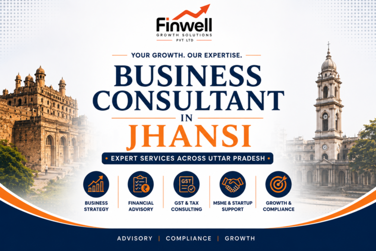 Business consultant in Jhansi banner by Finwell showing advisory, GST, tax and MSME consulting services across Uttar Pradesh