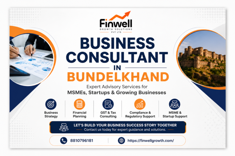 Business consultant in Bundelkhand banner by Finwell showing advisory, GST, tax, and MSME consulting services