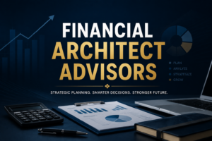 Premium corporate banner showing financial architect advisors with strategic planning, financial analysis, business growth, and professional financial consulting visuals.