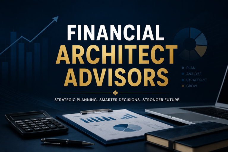 Premium corporate banner showing financial architect advisors with strategic planning, financial analysis, business growth, and professional financial consulting visuals.