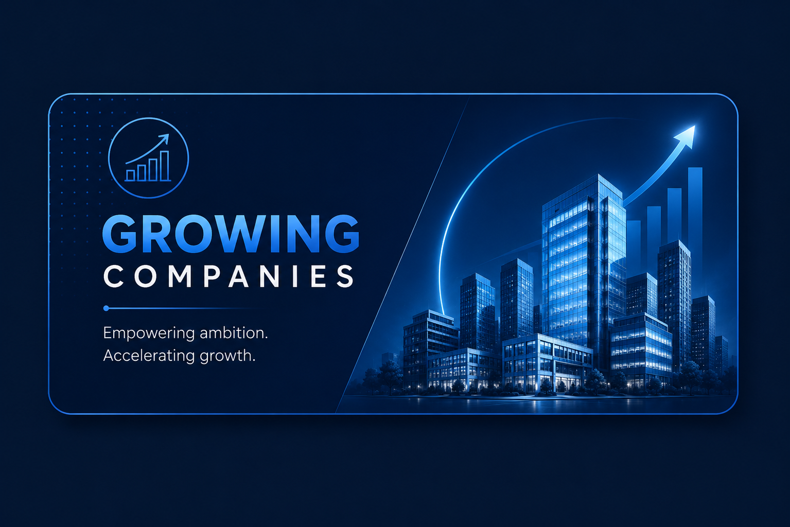 Dark blue corporate banner showing growing companies with upward graph, modern buildings, and growth arrow representing business expansion and scalability.