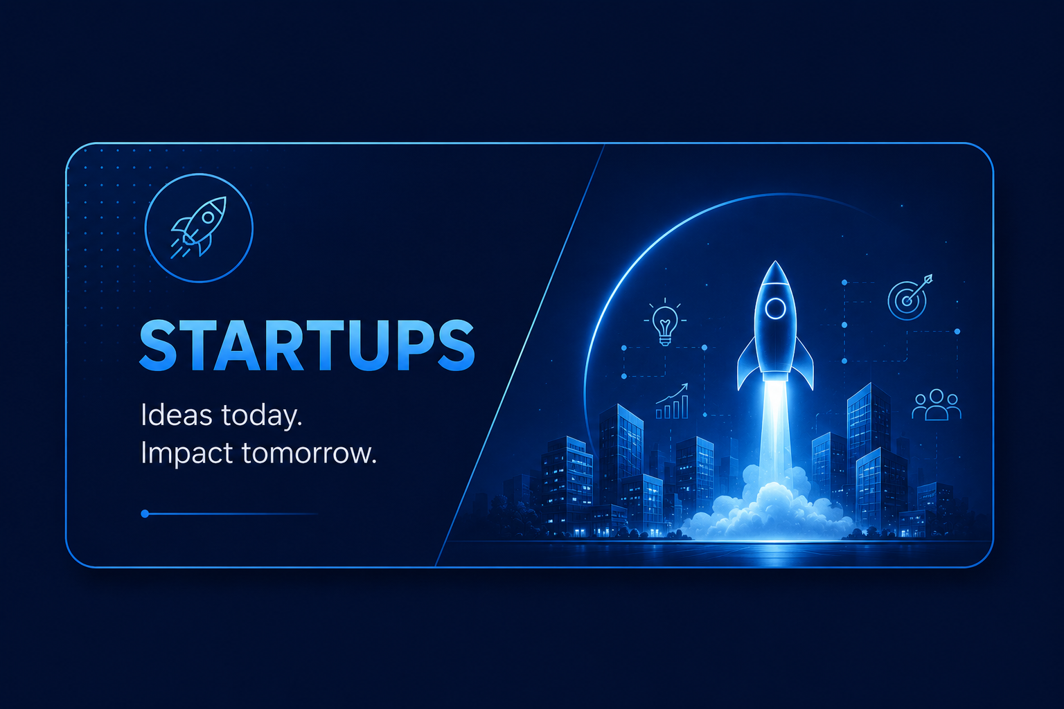 Modern dark blue banner showing startup growth concept with rocket launch, city skyline, and innovation icons representing business scalability and new ventures.