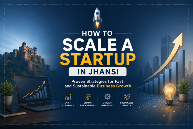 How to scale a startup in Jhansi banner showing business growth, startup strategy, financial planning, and consulting services by Finwell
