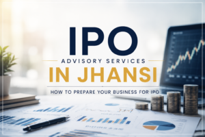IPO advisory services banner showing financial charts, laptop, and stacked coins representing business growth and IPO readiness.