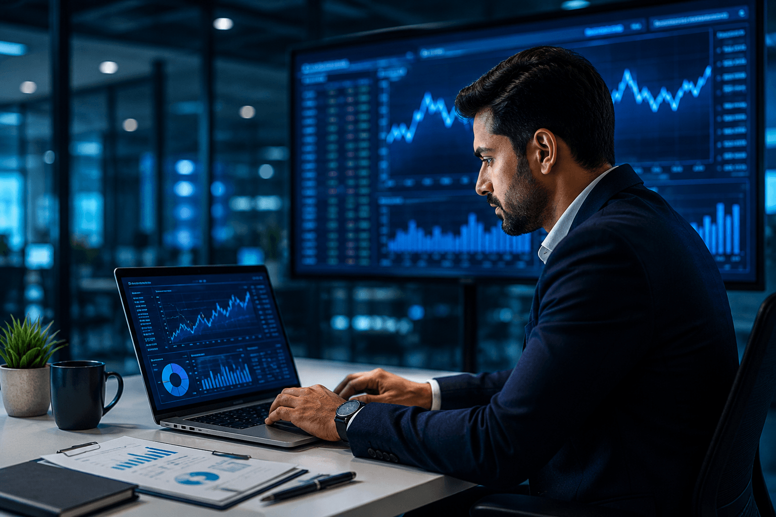 Professional financial analyst reviewing business data and tax planning strategy on laptop with charts and graphs