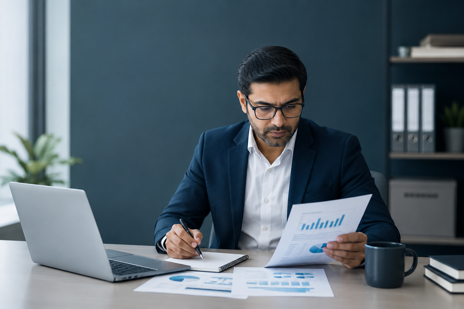 Financial health analysis with business reports and laptop