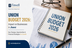 Union Budget 2026 business impact illustration with financial documents, calculator, and tax planning insights for businesses in Jhansi