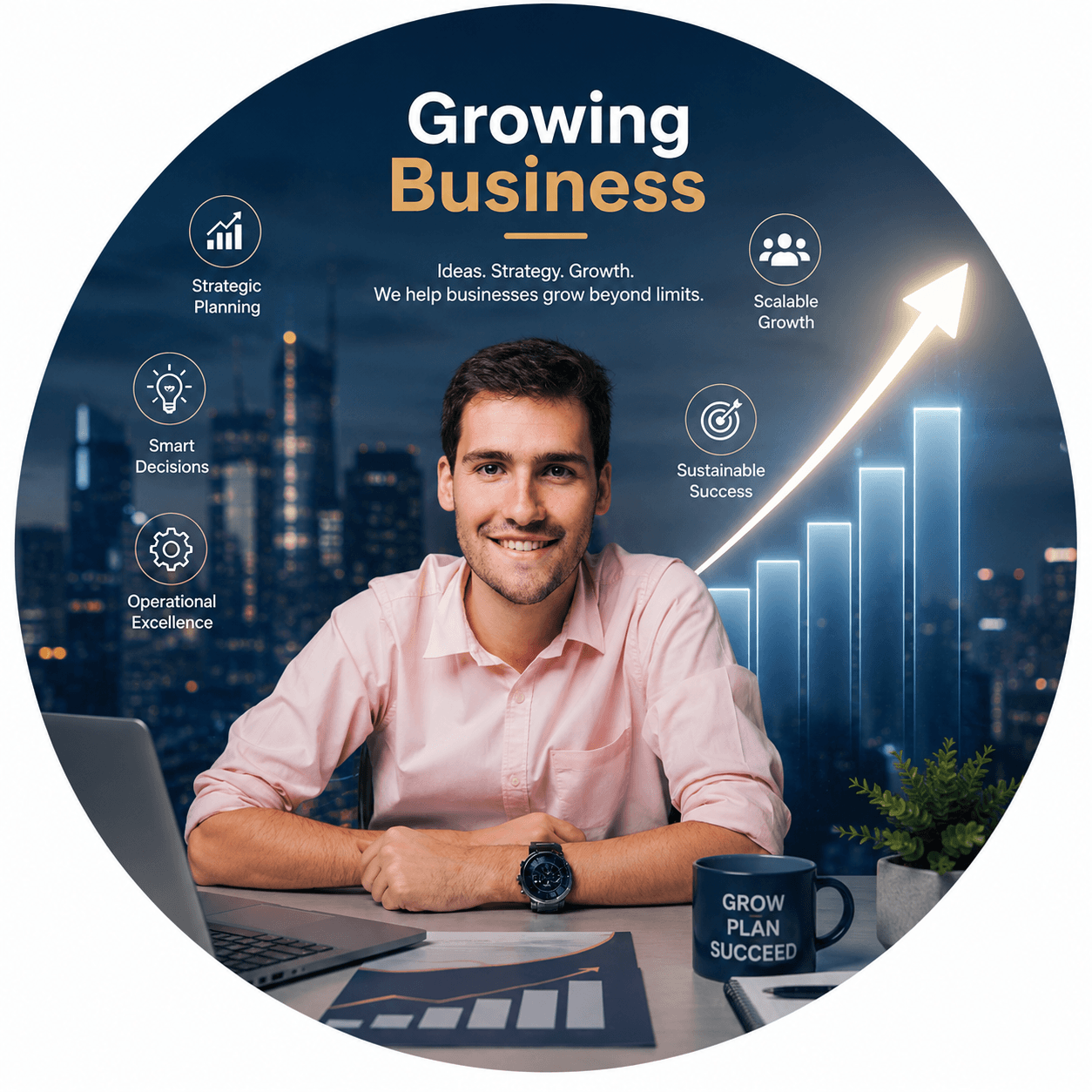 Professional illustration representing growing businesses with strategic planning, business growth, financial consulting, and scalable success solutions.