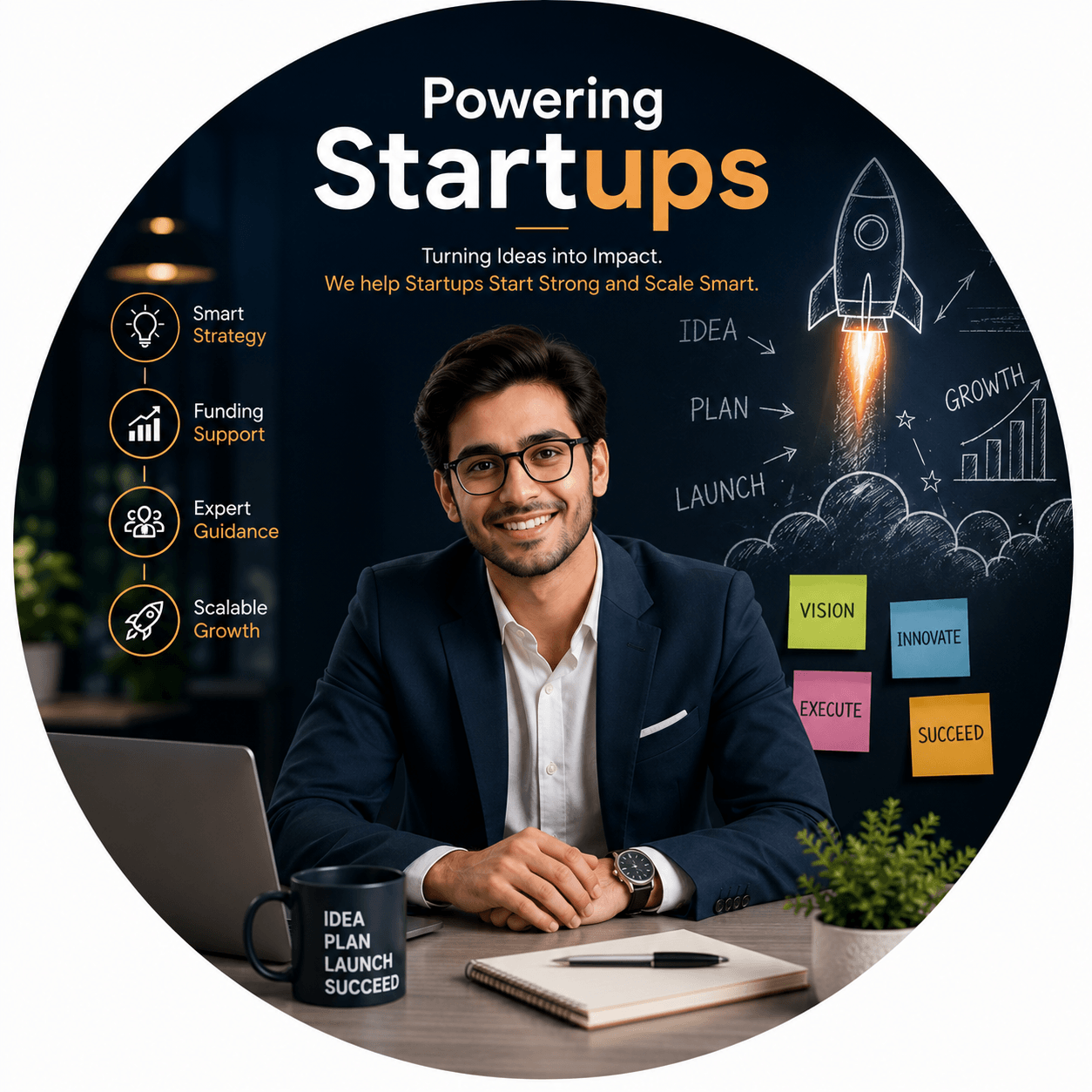 Professional startup business consulting illustration featuring a modern entrepreneur with strategy, funding, innovation, and scalable business growth elements.