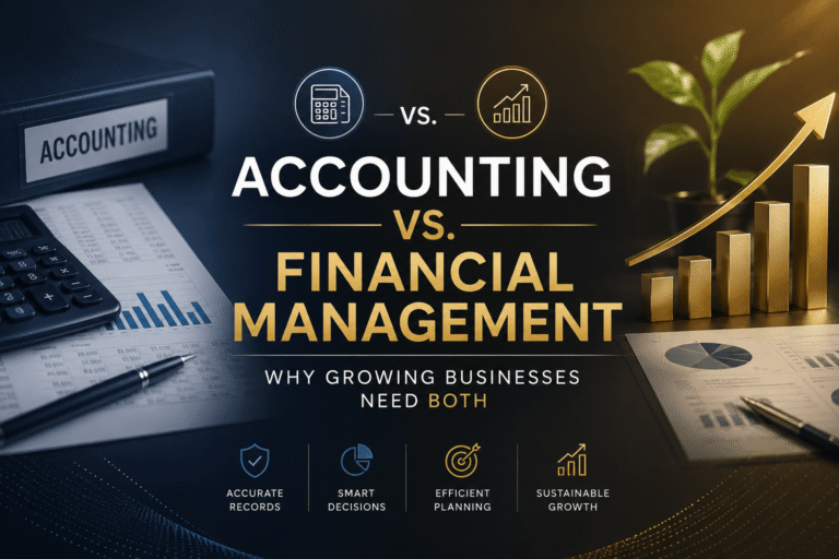 Professional banner comparing accounting and financial management with financial reports, calculator, growth chart, and the heading "Accounting vs Financial Management: Why Growing Businesses Need Both."