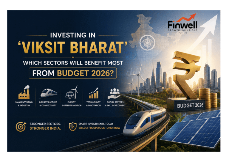 Professional banner illustrating India's Budget 2026 opportunities with high-speed rail, renewable energy, smart cities, infrastructure, and the heading "Investing in Viksit Bharat: Which Sectors Will Benefit Most from Budget 2026?"