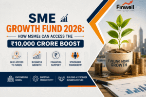 Professional banner illustrating the SME Growth Fund 2026 with a growing plant in coins, rising business chart, and the headline "How MSMEs Can Access the ₹10,000 Crore Boost" representing government financial support for MSME growth.