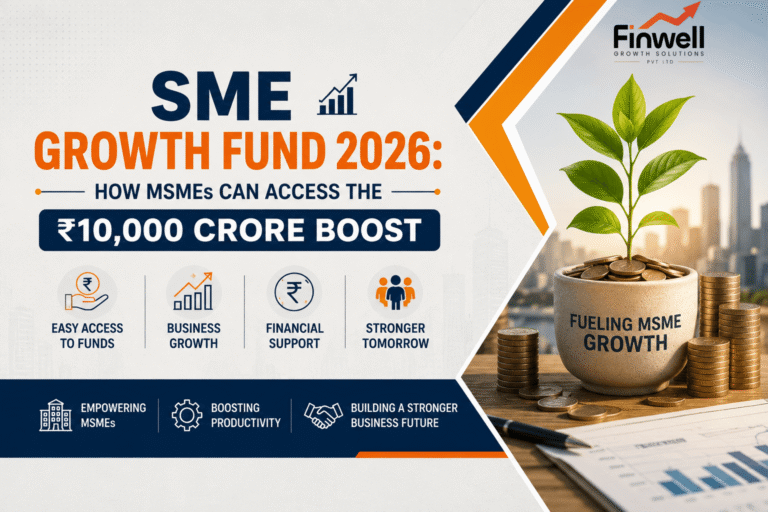 Professional banner illustrating the SME Growth Fund 2026 with a growing plant in coins, rising business chart, and the headline "How MSMEs Can Access the ₹10,000 Crore Boost" representing government financial support for MSME growth.