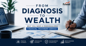 Professional financial consultation banner showing a financial advisor reviewing reports with a client, financial charts, and the heading "From Diagnosis to Wealth: Why You Need a Personalized Financial Treatment Service."
