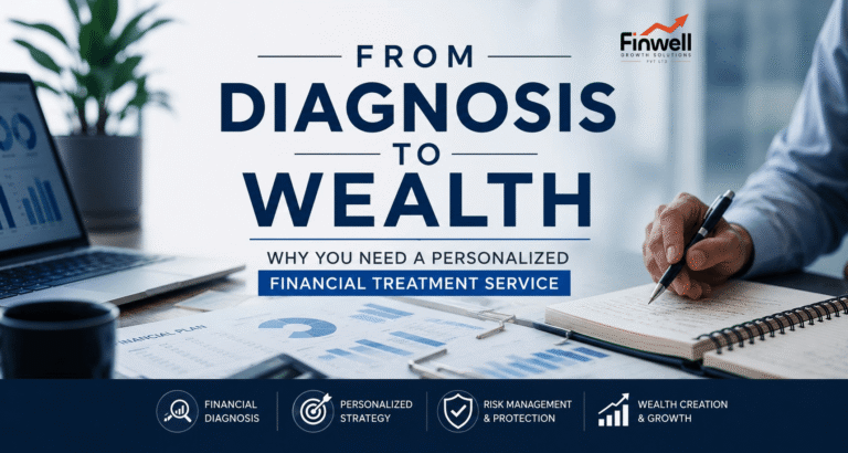 Professional financial consultation banner showing a financial advisor reviewing reports with a client, financial charts, and the heading "From Diagnosis to Wealth: Why You Need a Personalized Financial Treatment Service."
