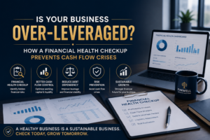 Professional banner showing a financial health checkup dashboard, cash flow reports, debt analysis documents, and the heading "Is Your Business Over-Leveraged? How a Financial Health Checkup Prevents Cash Flow Crises."