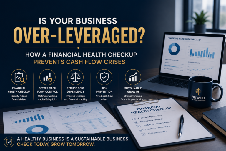 Professional banner showing a financial health checkup dashboard, cash flow reports, debt analysis documents, and the heading "Is Your Business Over-Leveraged? How a Financial Health Checkup Prevents Cash Flow Crises."