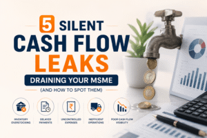 Professional banner illustrating cash flow leaks in MSMEs with a leaking tap, financial reports, calculator, and the heading "5 Silent Cash Flow Leaks Draining Your MSME."