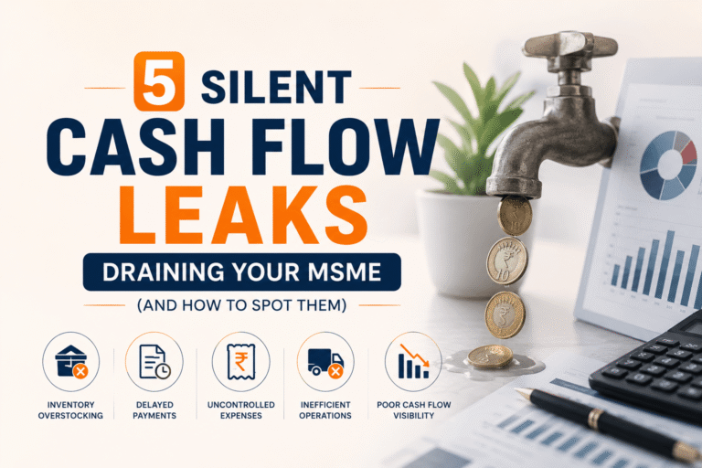 Professional banner illustrating cash flow leaks in MSMEs with a leaking tap, financial reports, calculator, and the heading "5 Silent Cash Flow Leaks Draining Your MSME."