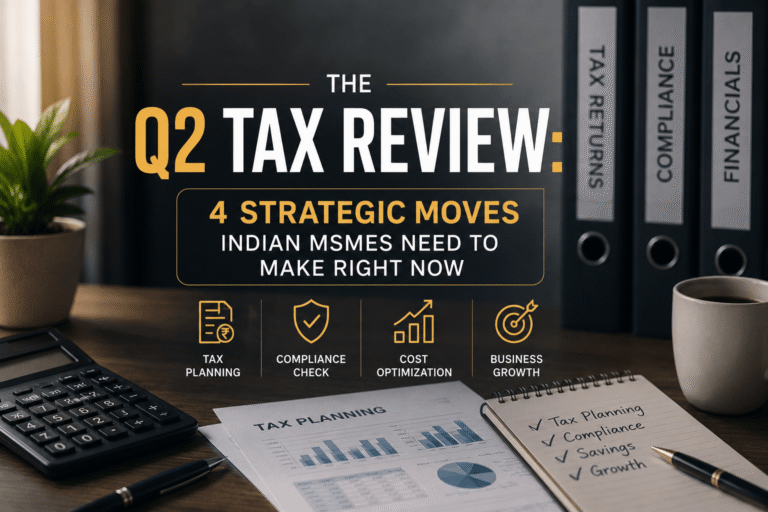 Professional Q2 tax review banner featuring tax planning documents, calculator, financial reports, and the heading "The Q2 Tax Review: 4 Strategic Moves Indian MSMEs Need to Make Right Now."