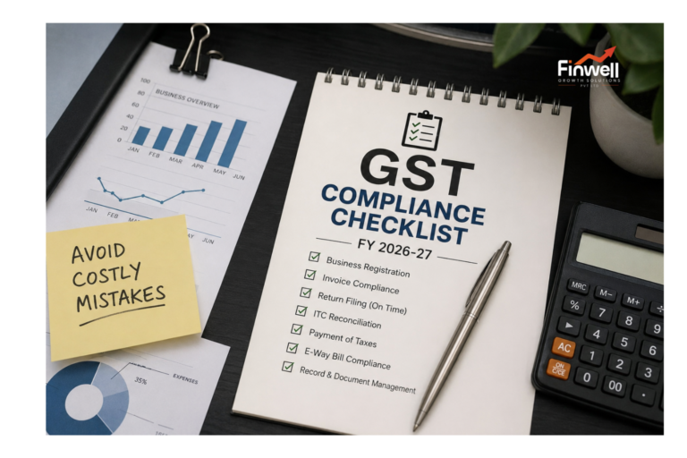 Professional office desk featuring a GST compliance checklist, laptop displaying the GST portal, financial reports, calculator, and business documents with the heading "GST Compliance Checklist FY 2026–27: How to Avoid the Top 5 Costly Mistakes."
